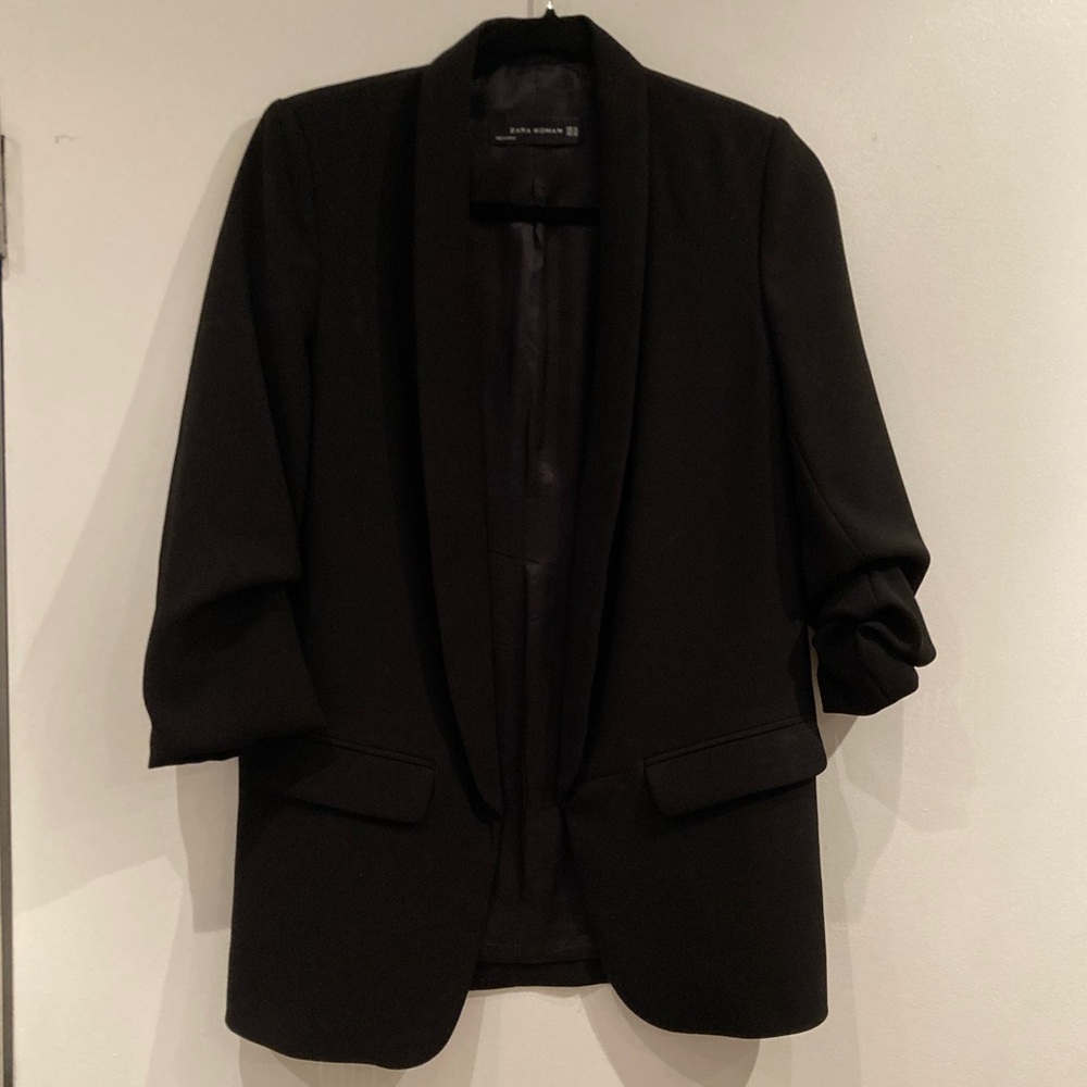 Zara Black Open Front Cinched 3/4 Sleeve Blazer - Picture 11 of 16
